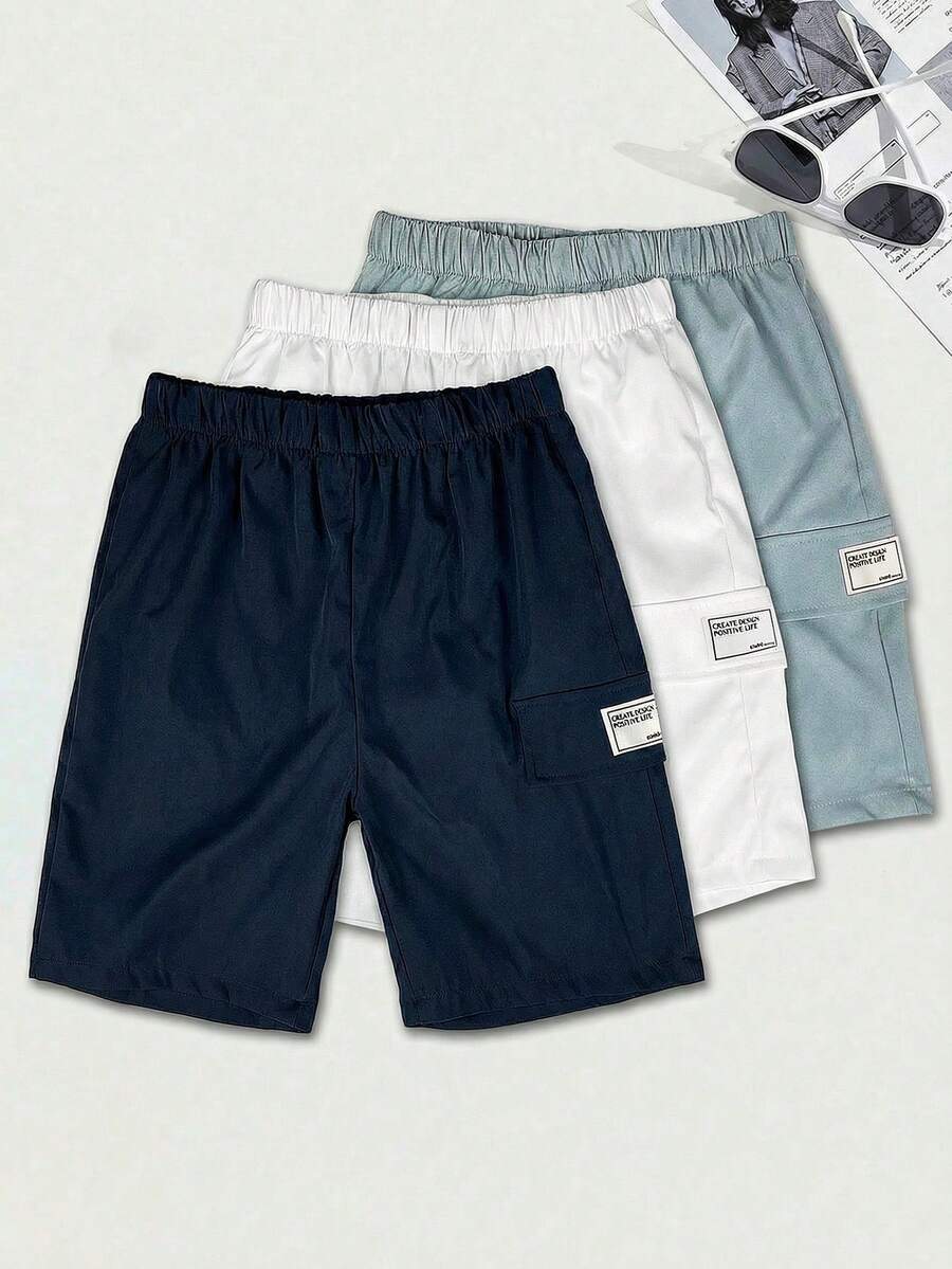 3 Pc Tween Boy Loose Casual Woven Net Color Casual Simple Basic Versatile Solid Color Sports Workwear Shorts Multi-Color Multi Piece Set, Buy One And Get Two Free, Get Three Suitable For Spring And Summer Seasons - Multicolor - View 1