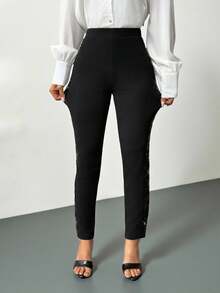 SHEIN PETITE Black Sequin Panel Cropped Skinny Pants Office Pants Sequin Detail Pants - Black - View 5
