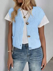 Breezaya Neue V-Ausschnitt gerippte Strickjacke Weste, modisch elegant und anmutig Damenkleidung - Babyblau - Übersicht 7