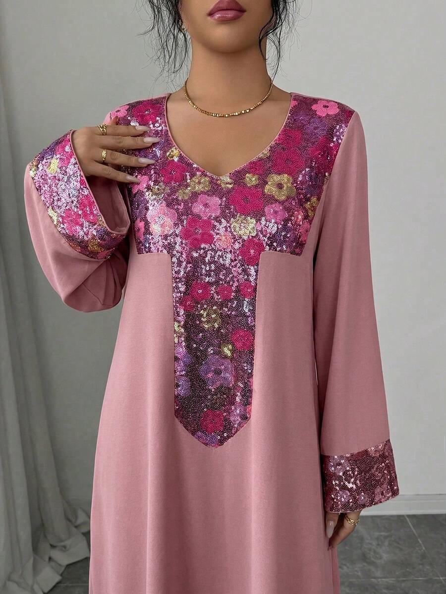 Yasmyna Women's Colorful Floral Beaded Patchwork Loose Elegant Arabic Style Dress - Multicolor - View 1