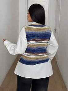 Maweii Plus Size Women's V-Neck Sleeveless Distressed Knit Vest,Light Blue Striped,Summer,2000's,School,Back-To-School Casual Chic Gradient Sweater,Elegant - Multicolor - View 2