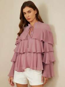 Aveloria Rosie 法式复古极简优雅雪纺褶裥立领系带荷叶边下摆宽松修身女式衬衫 - 粉色 - 查看 2