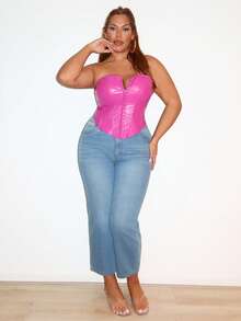 MelDlgn Plus Size Solid Center Front Button Decoration PU Leather Black Tube Top,Fall Clothes For Women - Hot Pink - View 3
