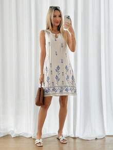 Easowa 女士度假植物图案无袖休闲迷你连衣裙 - 彩色 - 查看 5