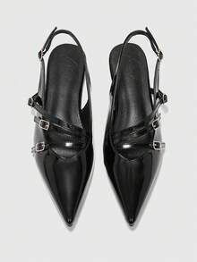 CUCCOO BIZCHIC Women's Pointed Black Patent Leather Glossy Multi-Strap Metal Buckle Rear Strap Fashion Dating Wear Versatile Commuter Flat Shoes - Black - View 1