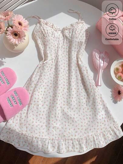 Comfortcana 2026 Spring/Summer New Women's Pure Cotton Texture Floral Patchwork Ruffle Edge And Thin Shoulder Strap Mini Skirt,Easter,Festivalparty,Beach,Wedding, Graduation,Going Out,Prom,Birthday,Elegant, Vacation,Casual, Luxury,Sports, Formal