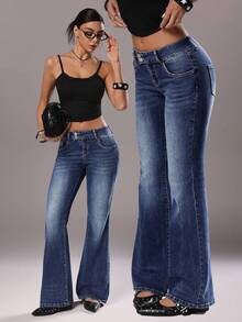 TRNVIE Double-Button Elastic Fitted Low-Waist Fashionable Flare Leg Jeans - Blue - View 1