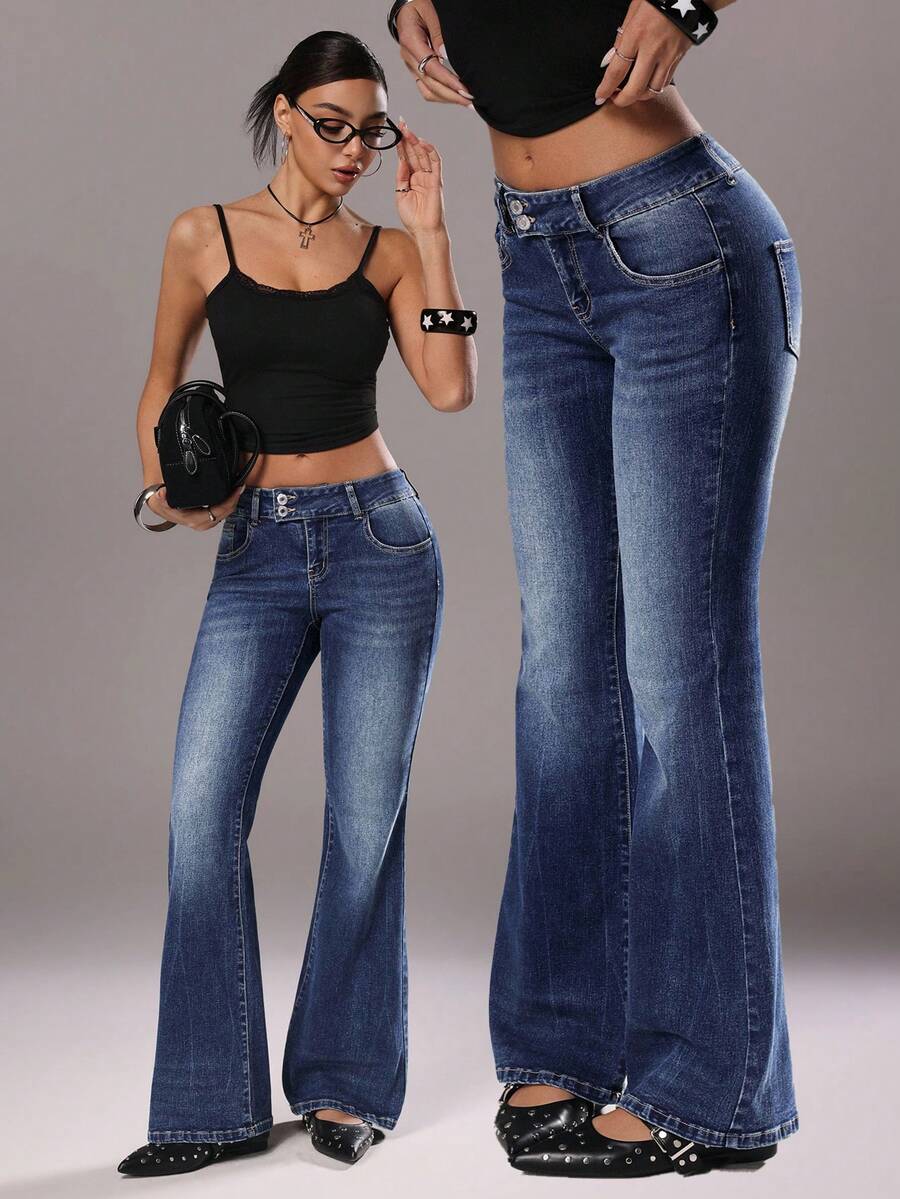TRNVIE Double-Button Elastic Fitted Low-Waist Fashionable Flare Leg Jeans - Blue - View 1