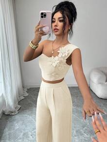 Elenzga Elegant 3D Floral Decor Casual Vacation Sleeveless Top And Pants Women 2 Pieces Set - Apricot - View 5