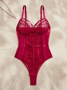 Charlaine Bộ đồ liền thân cổ chữ V xẻ sâu, phối ren và lưới màu đỏ tía, thiết kế thắt eo dành cho nữ. - Màu Đỏ Sâu - Xem 6