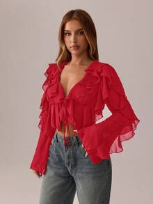 SHEIN SXY Áo đen; Trang phục nữ mùa thu; Áo croptop; Áo dài tay gợi cảm màu đen lưới xuyên thấu, dây đeo hình lá sen, cổ chữ V sâu dành cho nữ, thích hợp cho các buổi tiệc tùng, lễ hội. - Đỏ - Xem 6