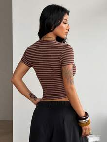 Coolane 女士春冬Y2K休闲绞花针织连体衣豹纹迷你T恤，修身款 - 摩卡棕 - 查看 5