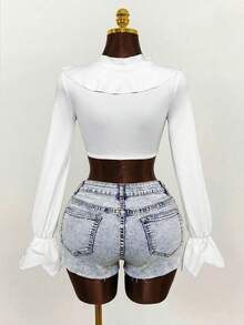 Mistrie Women's Casual Washed Frayed Hem Denim Shorts - Blue - View 2