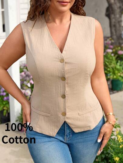 EMERY ROSE Plus Size Women Solid Color Single-Breasted Casual Vest Jacket