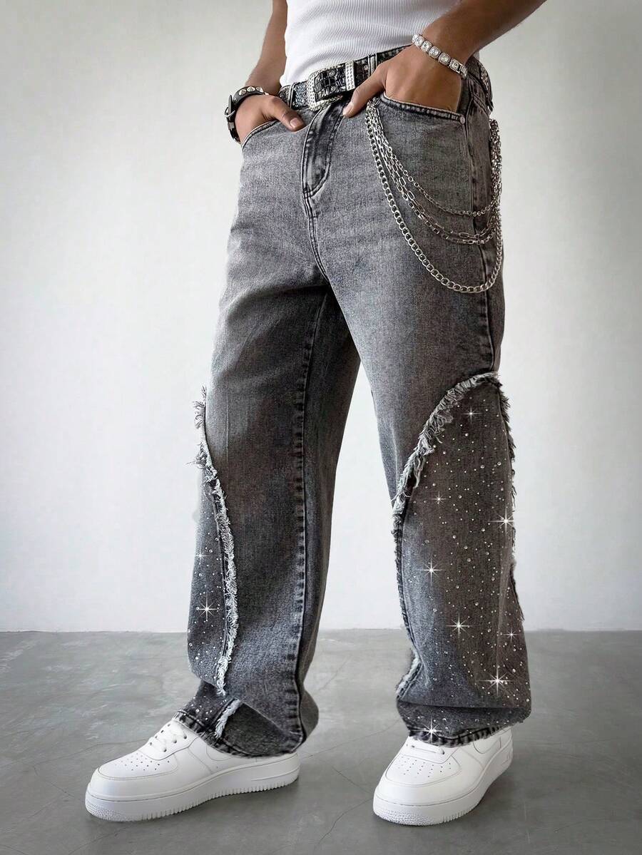 PAVTROS Jeans rectos y anchos de pierna, lavados en gris, con detalles de flecos, rasgados y adornos de strass, estilo hip hop americano para hombres - Gris - Ver 1