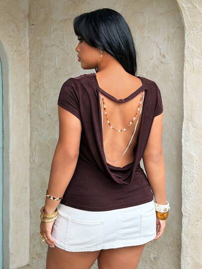 Rustia Plus Size Plunging Neckline Short Sleeve Backless Elegant Vacation Party Vintage Brown Chain & Rhinestone Decor T-Shirt