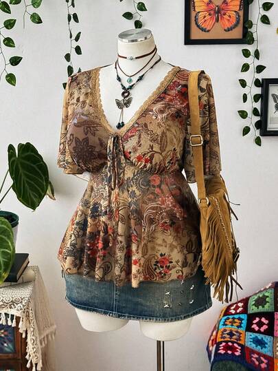 Sunspun Plus Size Women V-Neck Ruched A-Line Flounce Sleeve Blouse