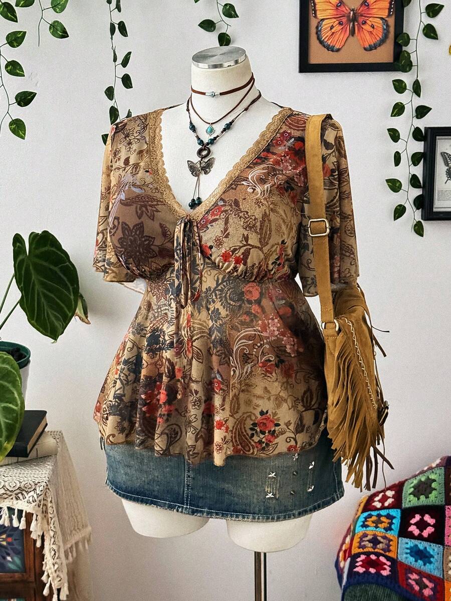 Sunspun Plus Size Women V-Neck Ruched A-Line Flounce Sleeve Blouse - Multicolor - View 1