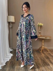 SHEIN Najma Elegant Floral Print Long Sleeve Loose Dress For Women - Black - View 5