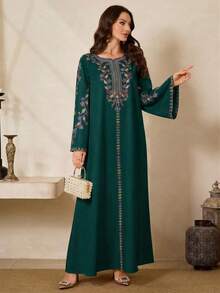Al Najma Đầm maxi dài tay họa tiết cây cỏ kiểu Ả Rập truyền thống dành cho nữ. - màu xanh lá - Xem 9