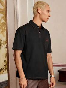 SWAVVY 男士字母图案撞色缝线 Polo 衫 - 黑色 - 查看 3