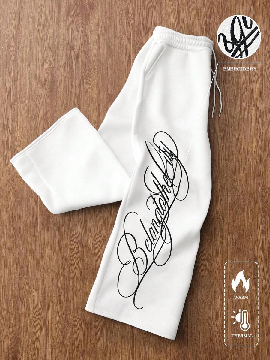 TOKVUE 男士街头风潮流INS侧边刺绣长裤，适合音乐节、夜店、送给男友/老公的礼物、周年纪念礼物，黑色休闲运动裤 - 白色 - 查看 1