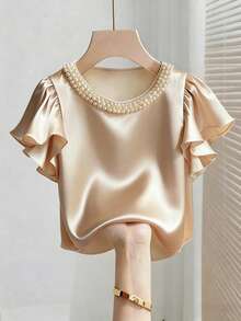 Lyxana Satin Finish Round Neck Pearl Decor Ruffle Sleeve Blouse - Apricot - View 1