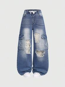 SHEIN Pantalones cargo de pierna ancha de mezclilla desgastada con cintura con cordón para niñas preadolescentes, moda callejera dulce y fresca, pantalones vaqueros de corte holgado adecuados para uso diario, citas, salidas y fiestas con amigos - Gris Oscuro - Ver 1