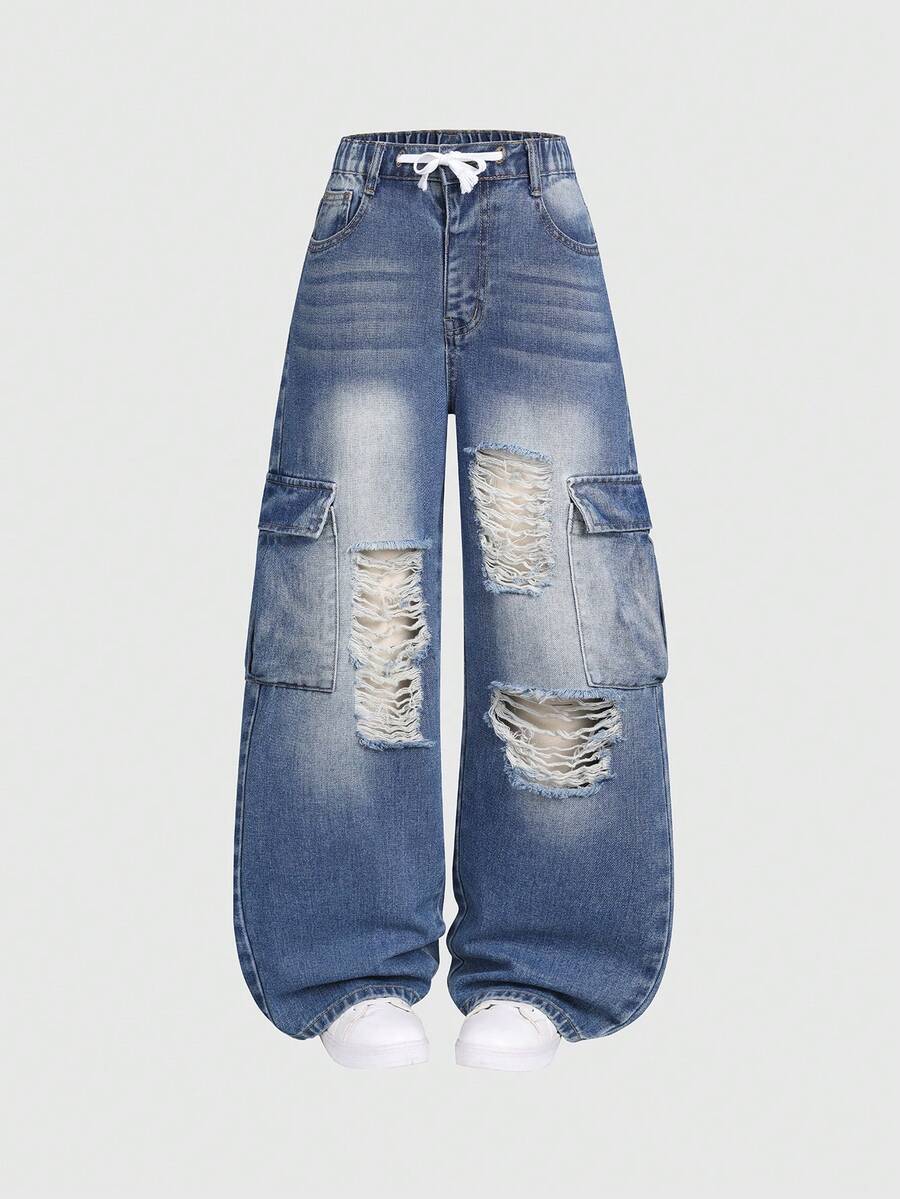 SHEIN Pantalones cargo de pierna ancha de mezclilla desgastada con cintura con cordón para niñas preadolescentes, moda callejera dulce y fresca, pantalones vaqueros de corte holgado adecuados para uso diario, citas, salidas y fiestas con amigos - Gris Oscuro - Ver 1