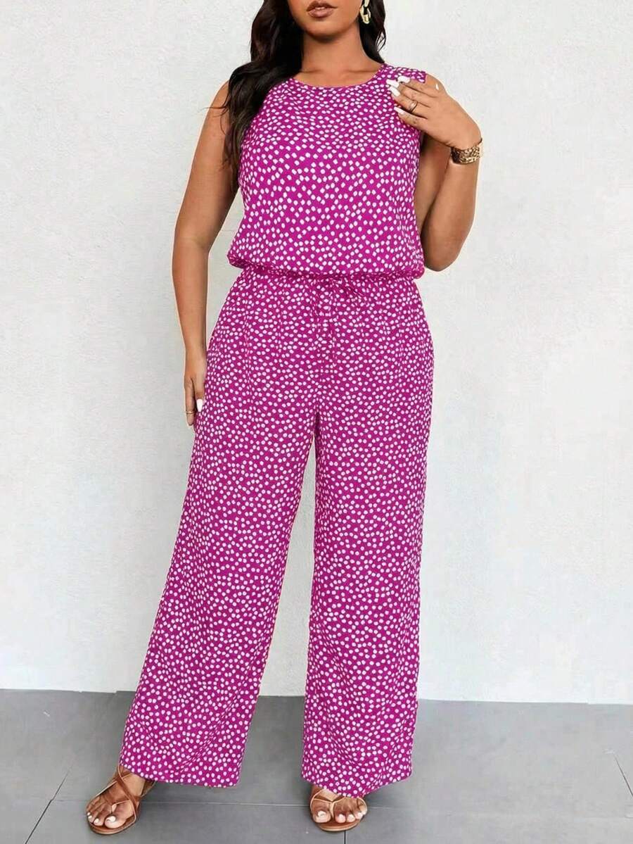 EMERY ROSE Spring Summer Holiday Round Neck Sleeveless Elasticated Waist Ditsy Floral Jumpsuit - Hot Pink - View 1