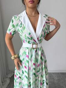 SHEIN Elenzya Elegant Romantic Tailored Collar Waist Splicing A-Line Dress, Suitable For Resort & Countryside - Multicolor - View 8
