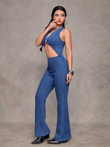 Jeanoix 女士性感露背无袖牛仔连体裤，夏季 - 藍色 - 查看 3