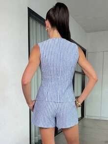 Lavishia Women's Striped Metal Single-Breasted Vest And Shorts Casual 2 Pieces Set - Baby Blue - View 2