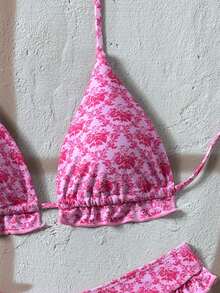 Swim Vcay Women's Pink Floral Print Halter Sexy Beach Vacation Swimsuit Set - Pink - View 3