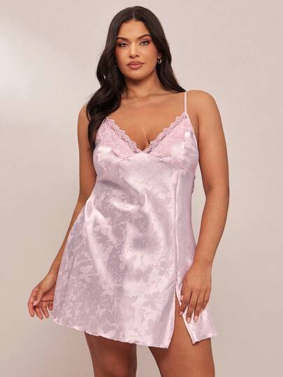 SHEIN BAE 1 件女士性感深 V 领蕾丝睡袍，提花蝴蝶缎大码睡衣，适合所有季节