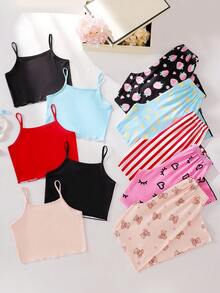 女童可爱字母、草莓、薯条、条纹、柠檬熊印花吊带背心+裤子睡衣套装，适合日常居家穿着（随机发货，3件吊带背心+3条裤子） - 彩色 - 查看 2