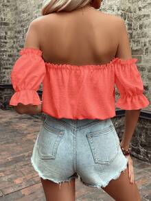 Breezaya Blusa de mujer con volantes, hombros descubiertos y nudo delantero, de unicolor, para vacaciones - Rosado Sandía - Ver 2