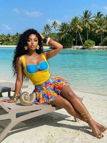 Slaydiva Spring/Summer Vacation, Beachfront, Elegant, Romantic, Sexy Party, Date, Birthday Party, Casual, Elegant, Yacht Trip. Mesh T-Shirt And Contrasting Metallic Embellished Tube Top With Multi-Layered Ruffled Skirt. Women's Set, Three-Piece Set - A - Multicolor - View 4