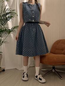 DAZY Women's Textured Washed Denim Sleeveless Loose Fit Skirt Suit, Korean Style - Blue - View 4