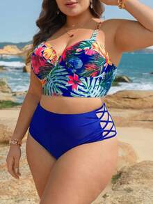 Swim Lushoire 2pcs Women Floral Print Bikini Set, Spaghetti Strap Playful Swimsuit - Blue - View 4