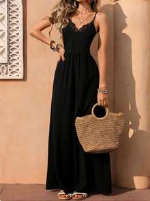 GlowEve Mono holgado con pliegues casual para mujer, con tirantes ajustables, para primavera/verano, pantalones anchos elegantes con encaje en contraste - Negro - Ver 5