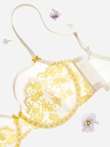 LUVLETTE Soft Woman Lingerie Breathable Underwire Sexy Unlined Minimizer Yellow & White Floral Lace & Sheer Mesh Bra - Beige - View 9