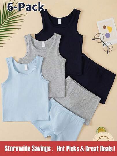 SHEIN Bộ 6 quần lót và áo vest chất liệu cotton pha trơn màu cho bé trai, màu trắng, xám, xanh navy, dành cho lứa tuổi từ 4-7