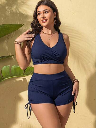 Swim Lushoire Plus Size Women 2pcs Swimsuit Set, Solid Color Ribbed Face Shorts, Romantic Sexy Cute Resort Style Swimwear For Beach, Pool, Vacation