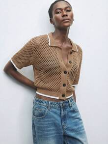Maija Contrast Color Trim Hollow Out Short Sleeve Knit Cardigan - Brown - View 3