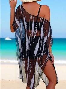 Swim Lushoire Bộ bikini gợi cảm nhuộm màu tie-dye mùa hè dành cho nữ, kèm áo khoác kimono. - màu đen - Xem 2