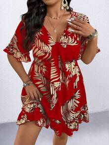 Plus Size Casual Vacation Floral Print Ruffle Hem Dress - Red - View 4