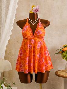 Zestiva 2026 New Floral Print Minimalist Sweet Black Plus Size Tankini Swimwear Set, Summer - Multicolor - View 3