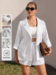 Juhart 大码女式梭织常规早春舒适休闲通勤亚麻黑白条纹长袖西装外套和短裤两件套 - 白色 - 查看 1