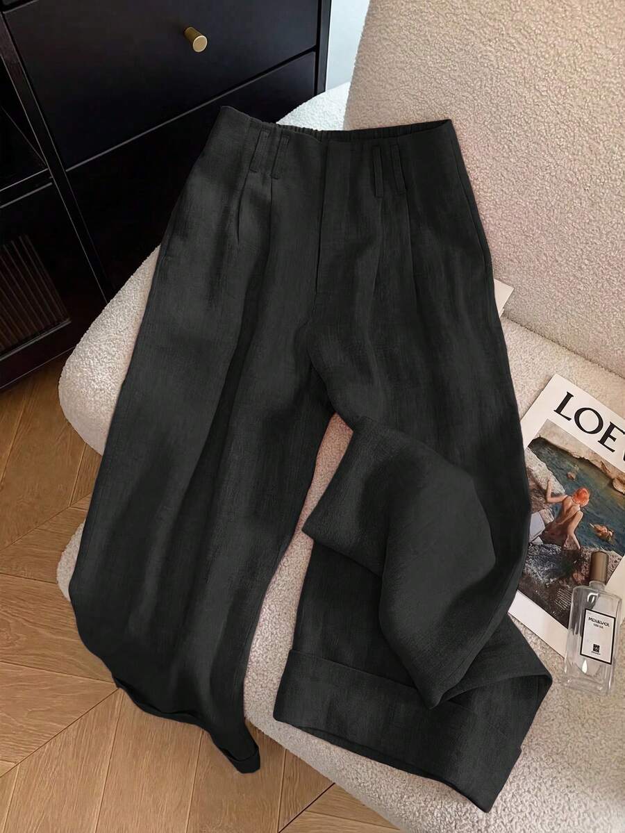 GlowEve Quần ống rộng dáng suông màu hồng xếp ly dành cho nữ, thiết kế giả khuy cài, gấu quần xắn lên, kiểu dáng thanh lịch, chuyên nghiệp, phù hợp cho giáo viên, học sinh, đi nghỉ mát, mặc thường ngày, xu hướng thời trang mới mùa xuân/hè. - màu đen - Xem 1